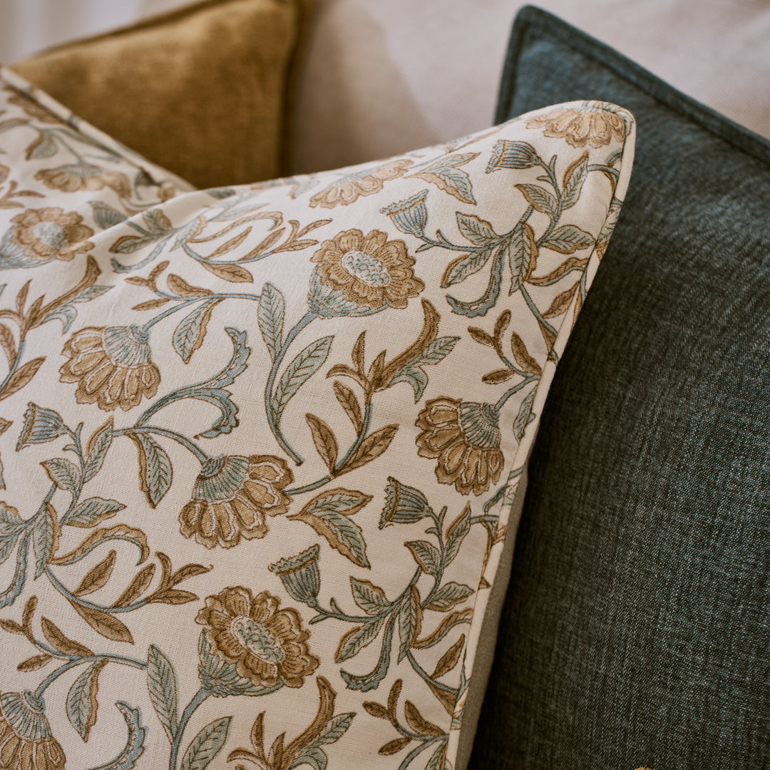 Summer Garden Orange/Blue Block Print Cushion - Madras Link