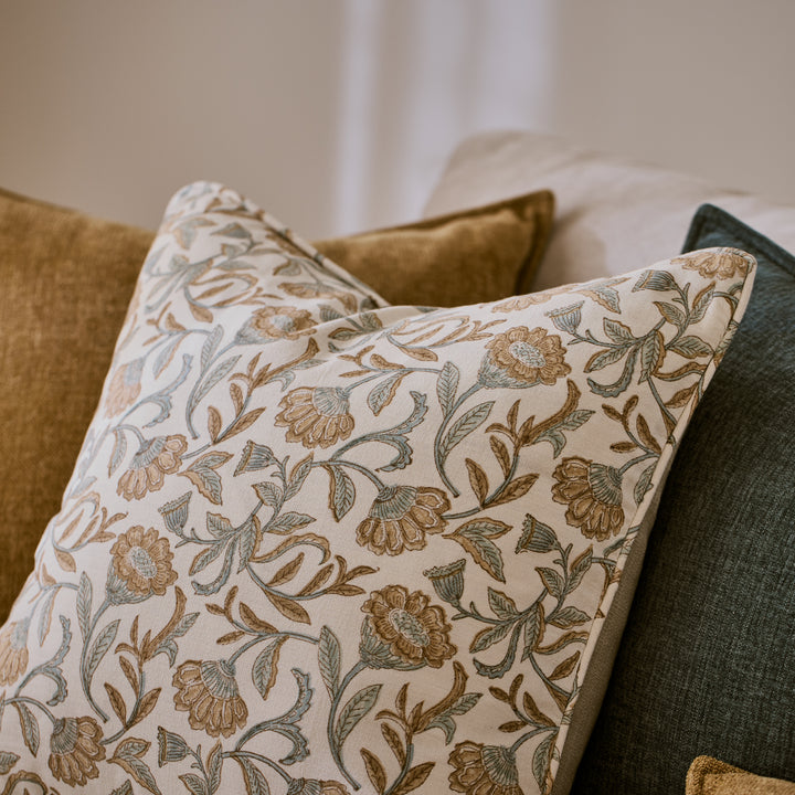 Summer Garden Orange/Blue Block Print Cushion - Madras Link