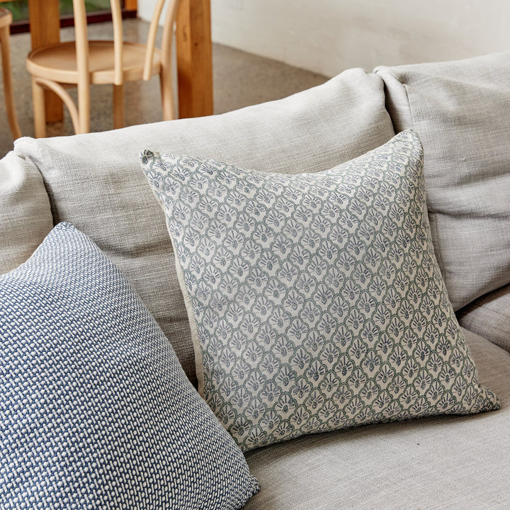 Soma Scallop Block Print Blue/Seagrass Cushion