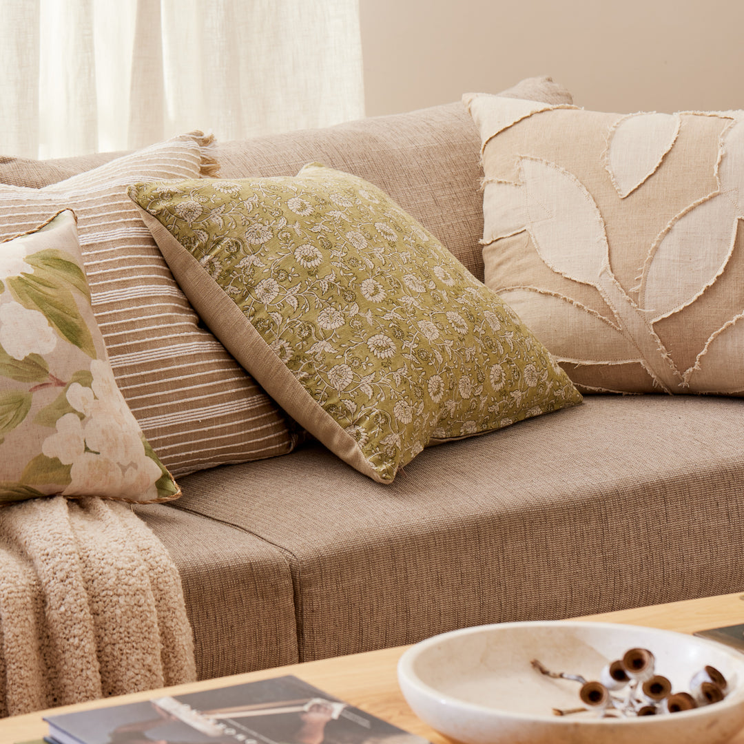 Delilah Green Floral Block Print Cushion - Madras Link