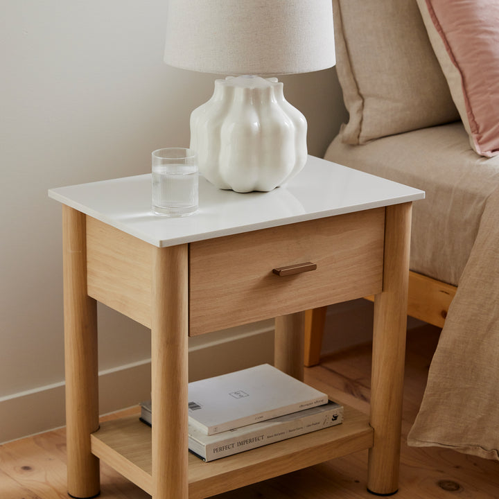 Somerset White Marble/Oak Bedside Table - Madras Link